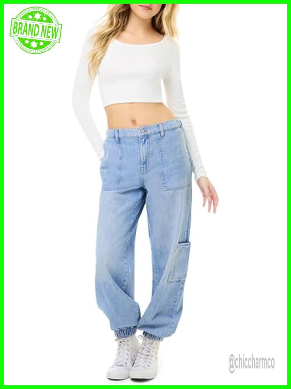Mid Rise Straight Leg Denim Joggers with Cargo Pockets